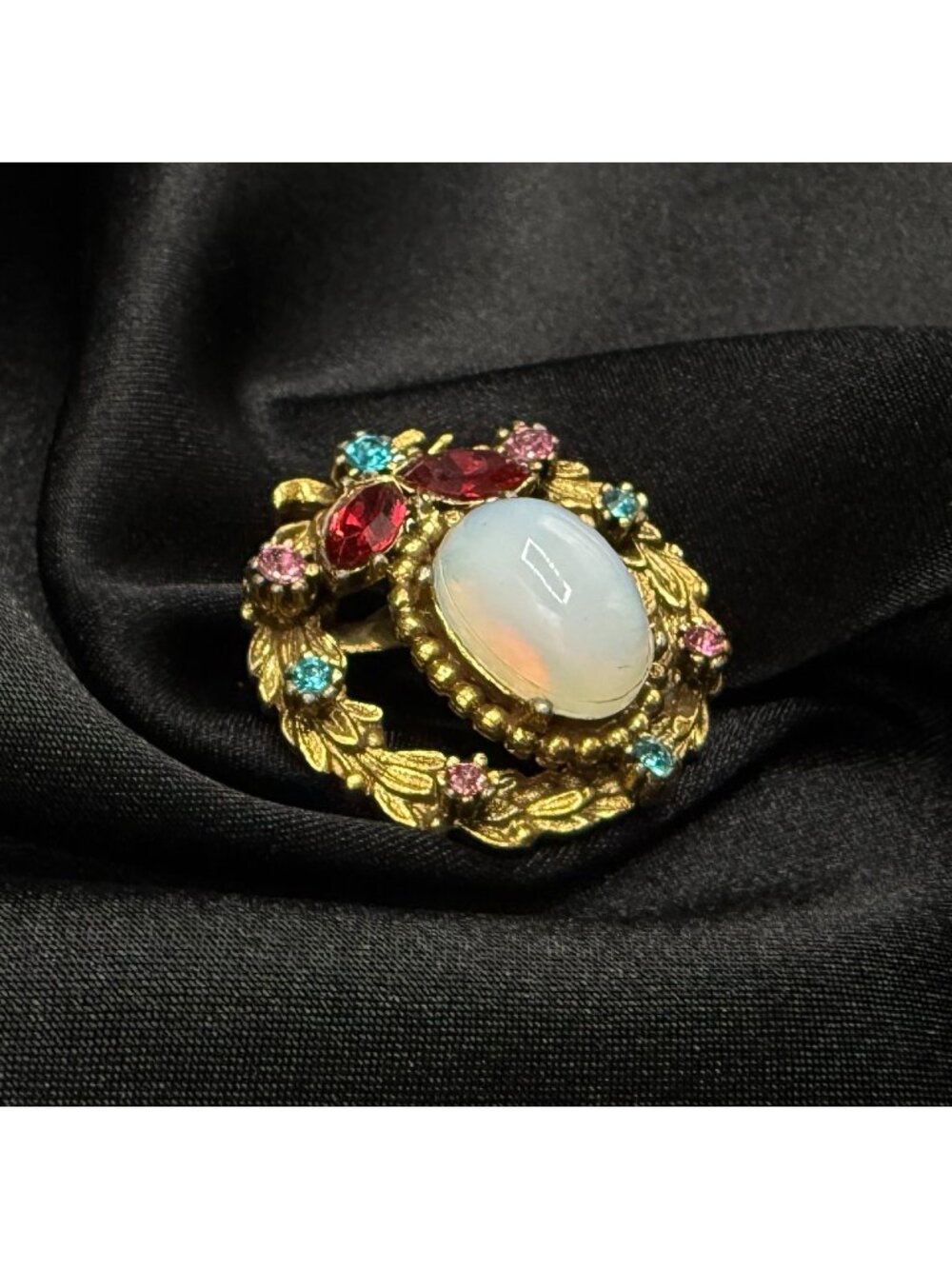 Vintage Coro 1950s-1960s Gold-Tone Brooch With Faux Opal & Multicolor Rhinestone